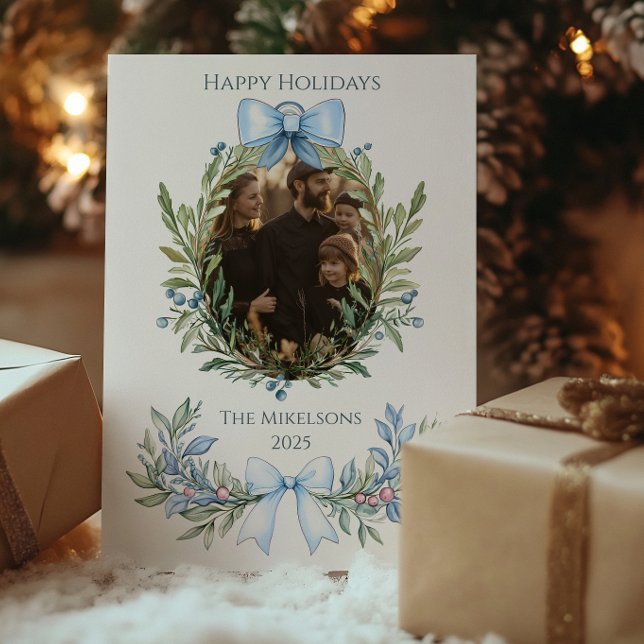 Photo Blue Bow Botanical Christmas Holiday Card (Creator Uploaded)