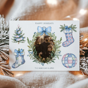 Photo Blue Bow Botanical Family Christmas Holiday Card