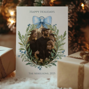 Photo Blue Bow Botanical Family Christmas Holiday Card
