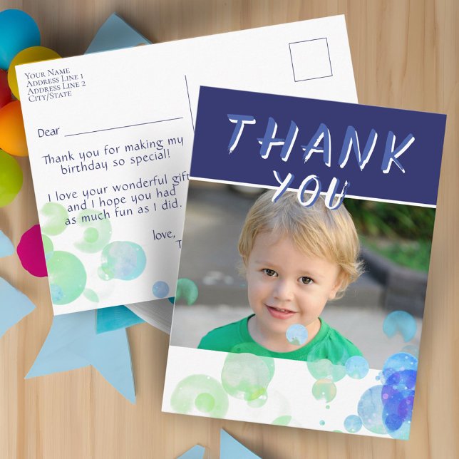 Photo Blue Bubbles Kids Birthday Party Thank you Postcard (Creator Uploaded)