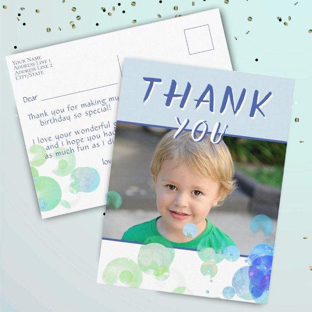 Photo Blue Bubbles Kids Birthday Party Thank you Postcard (Creator Uploaded)