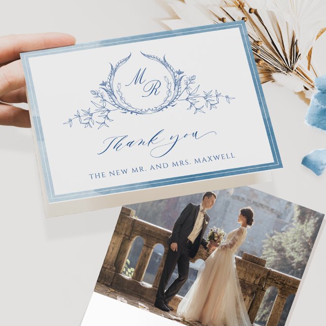Photo, Blue Classic Monogram, Watercolor Wedding Thank You Card (Creator Uploaded)