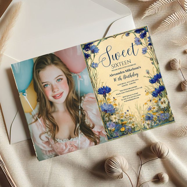 Photo Blue Cornflower Art Nouveau Sweet Sixteen Invitation (Creator Uploaded)