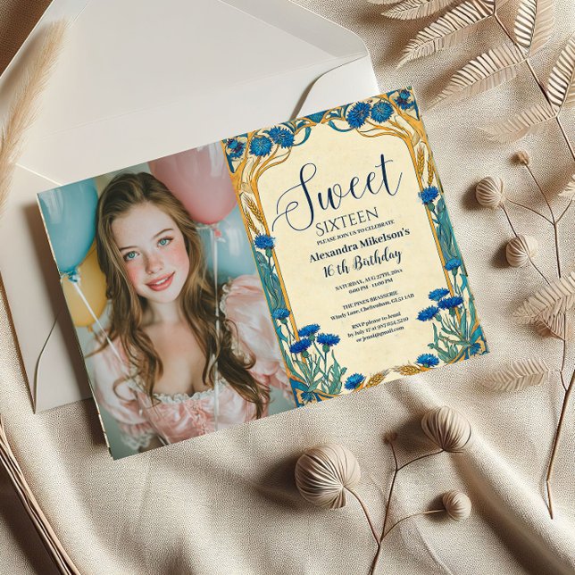 Photo Blue Cornflower Art Nouveau Sweet Sixteen Invitation (Creator Uploaded)