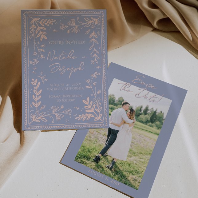 Photo Blue Cream Drawn Floral Garden Save The Date (Creator Uploaded)