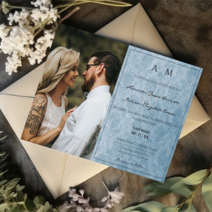 Photo Blue Damask Monogram Wedding Invitation