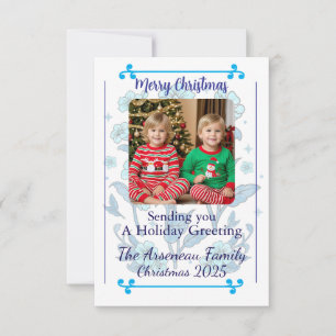 Photo Blue Faded Floral Holiday Card Personalise