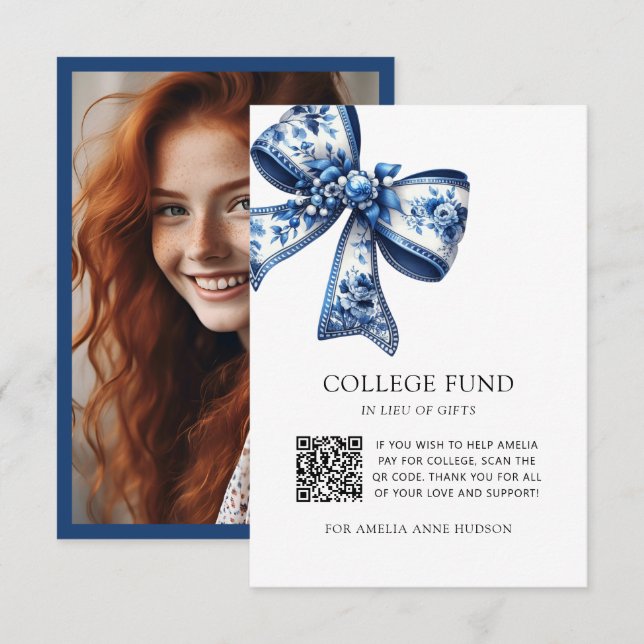 Photo Blue Floral Bow QR Code College Fund  Enclosure Card (Front/Back)