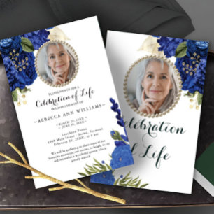 Photo Blue Floral Budget Celebration of Life Invitation