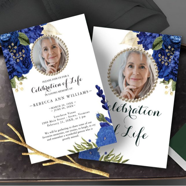 Photo Blue Floral Budget Celebration of Life Invitation (Creator Uploaded)