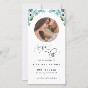 Photo, Blue Floral Wedding Save The Date Bookmark