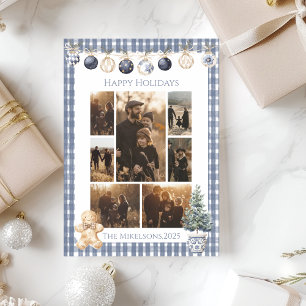 Photo Blue Gingham Ornament Family Christmas Holiday Card