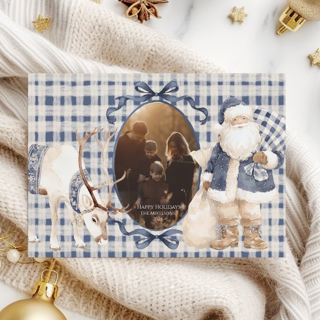 Photo Blue Gingham Santa Family Christmas Holiday Card (Creator Uploaded)