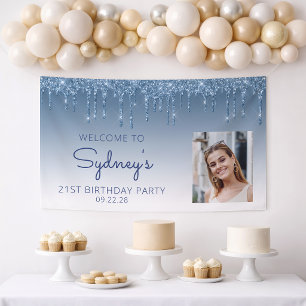 Photo Blue Glitter Drip 21st Birthday Banner