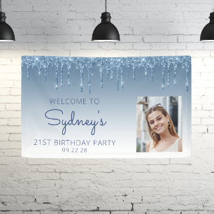 Photo Blue Glitter Drip 21st Birthday Banner