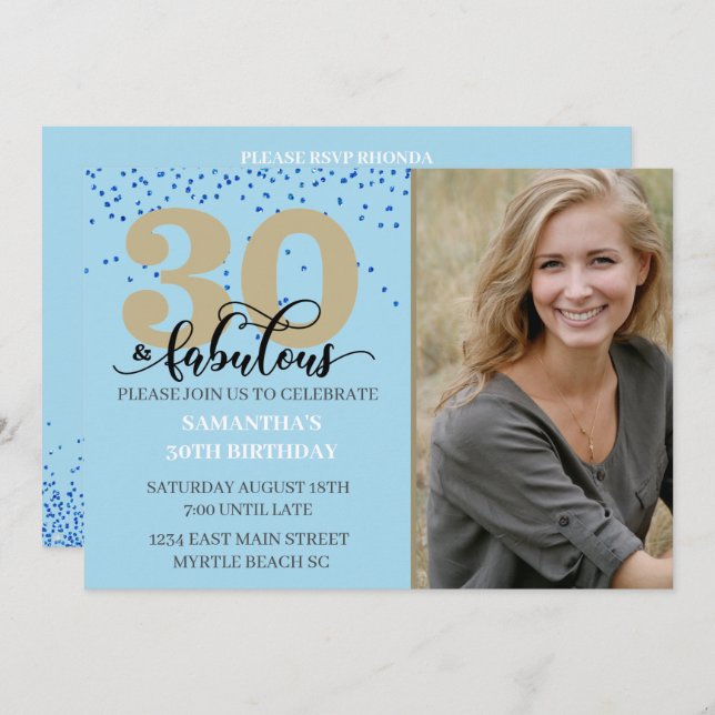Photo Blue Gold 30 and Fabulous Birthday Party  In Invitation (Front/Back)