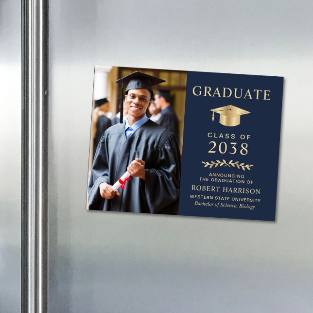 Photo Blue Gold Graduation Announcement Magnet (An elegant college graduation announcement magnet to celebrate the graduate's achievements)