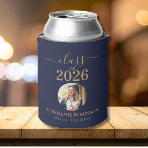 Photo Blue Gold Script Class of 2026 Grad Party Can Cooler
