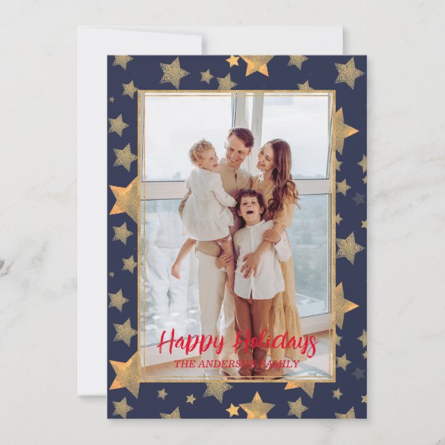 Photo Blue Gold Vintage Christmas Holiday Card (Front)
