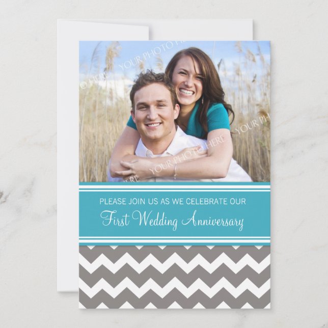 Photo Blue Grey 1st Anniversary Invitation (Front)