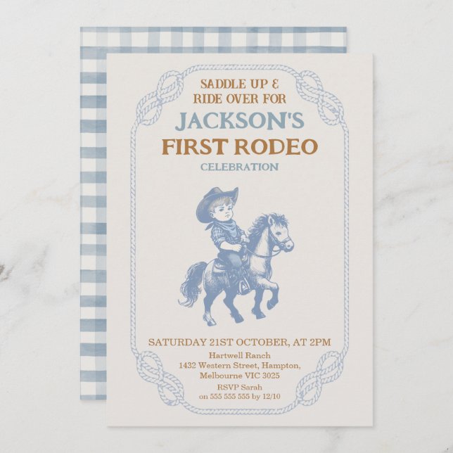 Photo Blue Grey Cowboy First Rodeo 1st Birthday Invitation (Front/Back)