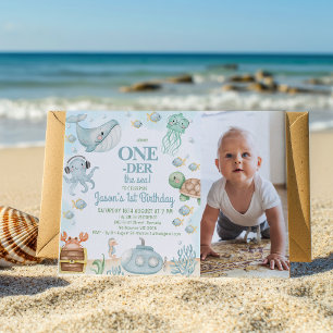Photo Blue Grey Oneder The Sea Boys 1st Birthday  Invitation