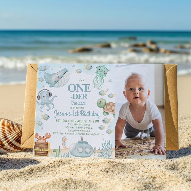 Photo Blue Grey Oneder The Sea Boys 1st Birthday  Invitation (Editable Oneder The Sea Birthday Invitation with Photo, Ocean Themed 1st Birthday Invitation Boy)