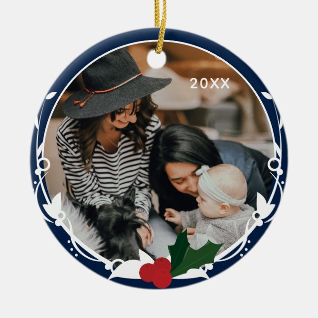 Photo Blue Holly Christmas Ceramic Ornament (Front)