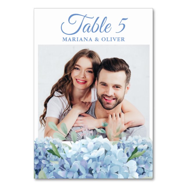 Photo Blue Hydrangea Floral Wedding Table Number (Front)