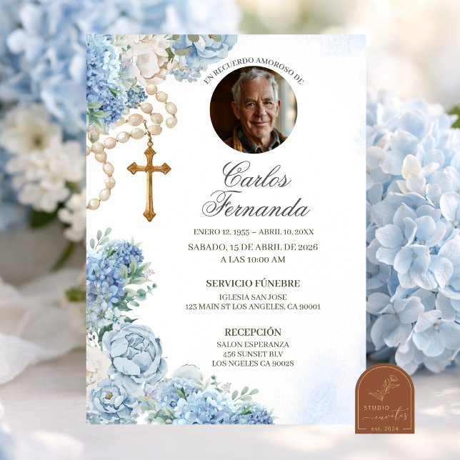 Photo Blue Hydrangea Rosary Catholic Funeral Invitation (Creator Uploaded)