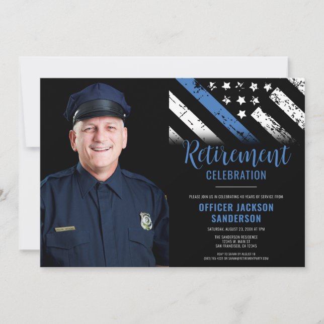 Photo Blue Line Law Enforcement Police Retirement Invitation (Front)