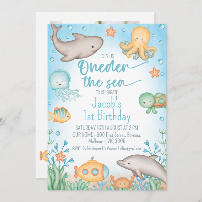 Photo Blue Ocean Oneder The Sea 1st Birthday Invitation (Front/Back)