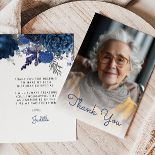 Photo Blue Silver Floral 80th Birthday Party Thank You Card