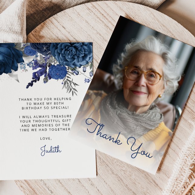 Photo Blue Silver Floral 80th Birthday Party Thank You Card (Creator Uploaded)