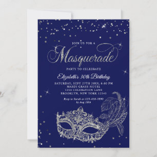 Photo Blue Silver Glitter Masquerade Birthday Invitation