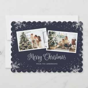 Photo Blue Silver Snowflake Merry Christmas Card