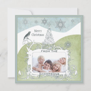 Photo Blue Snowflake Christmas Tree Cute Bird Holiday Card