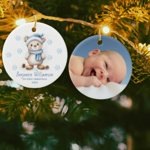 Photo Blue Snowflakes Bear Baby's 1st Christmas Ceramic Ornament
