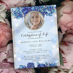 Photo Blue Sparkly Floral Gold Celebration of Life Invitation