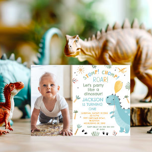 Photo Blue Stomp Chomp Roar Dinosaur 1st Birthday  Invitation