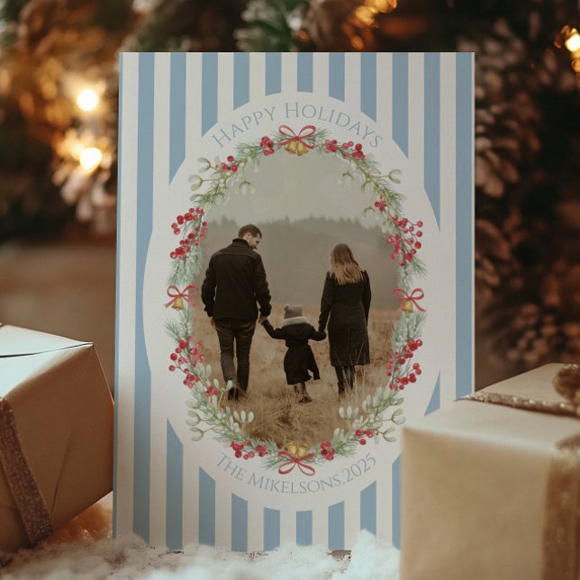 Photo Blue Striped Berry Wreath Christmas Holiday Card (Creator Uploaded)