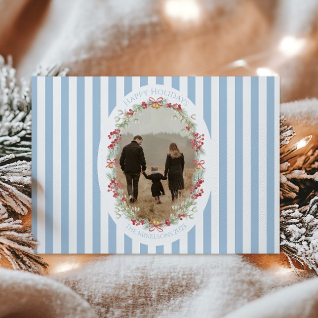 Photo Blue Striped Berry Wreath Christmas Holiday Card (Creator Uploaded)