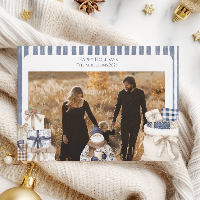 Photo Blue Striped Santa Family Christmas Holiday Card (Creator Uploaded)