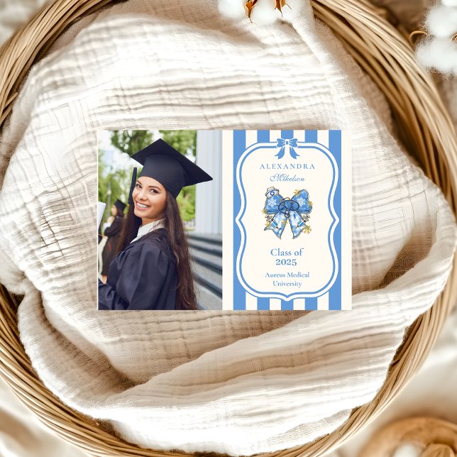  Photo Blue Toile Bow Coquette Nursing School Grad Announcement (Creator Uploaded)
