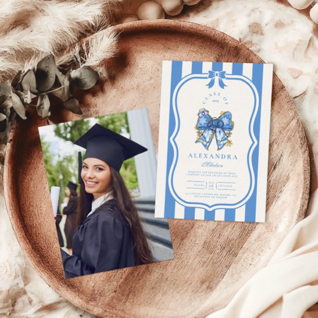 Photo Blue Toile Bow Coquette Nursing School Gradu Invitation (Creator Uploaded)