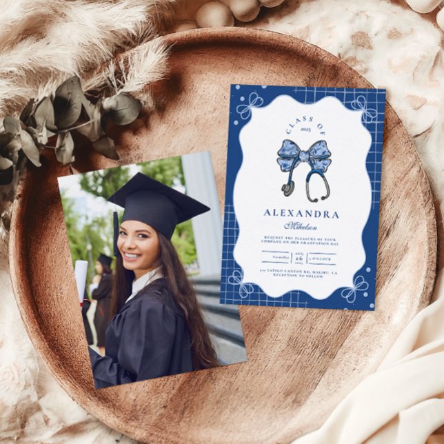 Photo Blue Toile Bow Nurse School Grad Invitation (Creator Uploaded)