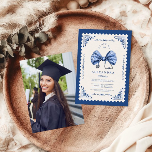 Photo Blue Toile Bow Nursing School Graduate Invitation (Creator Uploaded)