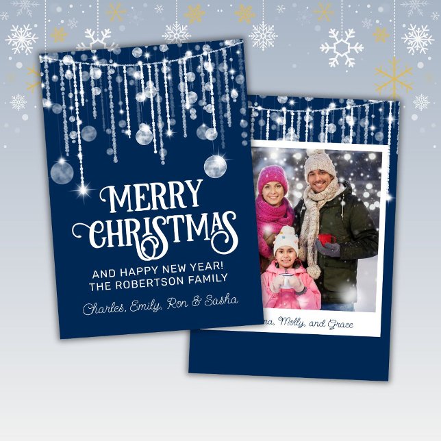 Photo Blue White String Lights Christmas Card (Creator Uploaded)