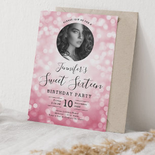 PHOTO Blush Pink Bokeh Lights Sweet 16 Party Invitation