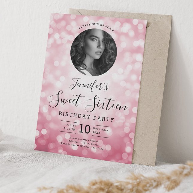 PHOTO Blush Pink Bokeh Lights Sweet 16 Party Invitation (PHOTO Blush Pink Bokeh Lights Sweet 16 Party Invitation)